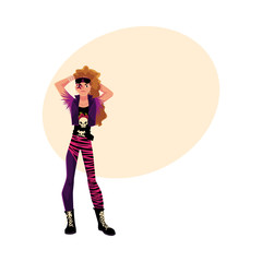 Young man dressed as glam rock star, wearing leggings, skull tshirt, vest and boots, cartoon vector illustration with space for text. Full length portrait of glam rock style young man