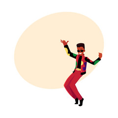 Black, African American man, guy in 1980s style clothes dancing disco, cartoon vector illustration with space for text. Black man in 80s style clothing dancing at retro disco party
