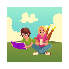 Two girls, woman in glasses reading book while lying on her stomach on the grass, another using mobile phone, cartoon vector illustration isolated on white background. Girls women using analogue