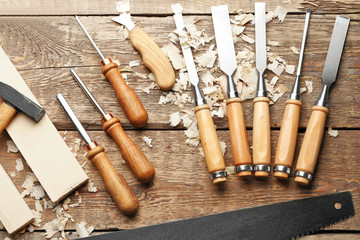 Set of carpenter's tools on wooden table
