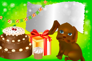 Colorful greeting card with cute dog. 