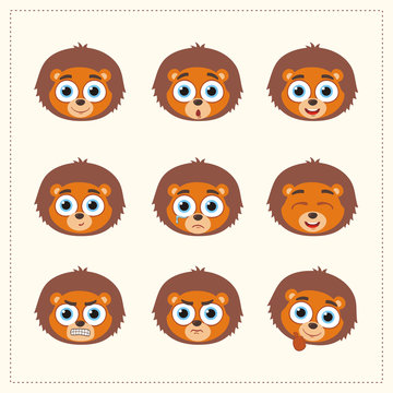 Set funny face lion different emotion. Collection emoticons of cartoon lion isolated.