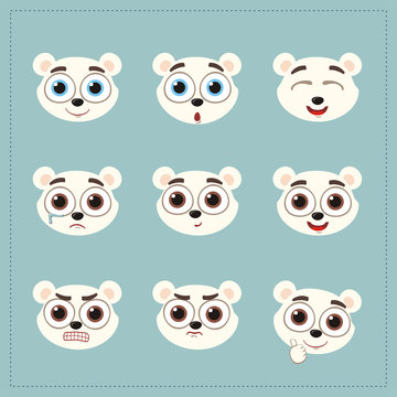 Set funny face polar bear different emotion. Collection emoticons of cartoon polar bear isolated.