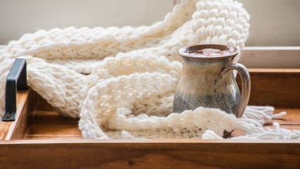 Hot chocolate on tray for breakfast in bed