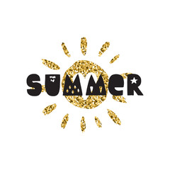 Handwritten ink summer lettering with gold glitter sun.
