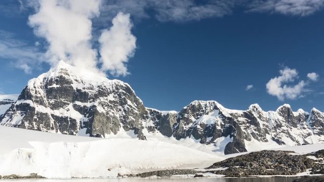 Time lapse clouds over mountains in Antarctica. 