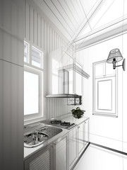 abstract sketch design of interior kitchen ,3d rendering