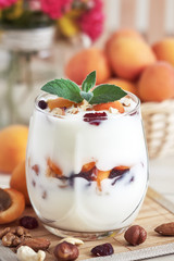 Apricot yogurt dessert served with various nuts and fresh apricots