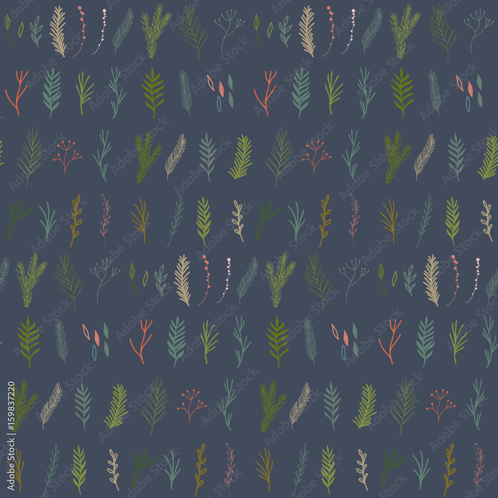 Poster Floral seamless pattern with hand drawn pine and fir trees twigs and leaves.