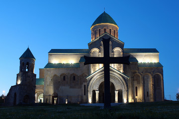 Renovated Bagrati Cathedral of the Dormition at night in Kutaisi, Georgia