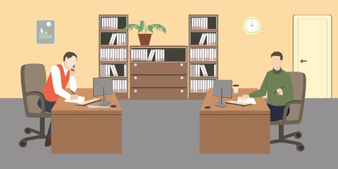 People in room. Office life. Flat style vector illustration. Situation in office. Workplace. Two men in office. Office interior.