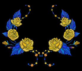 Embroidery yellow roses symmetrical ornament for decoration of clothes.
