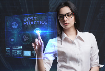The concept of business, technology, the Internet and the network. A young entrepreneur working on a virtual screen of the future and sees the inscription: Best practice