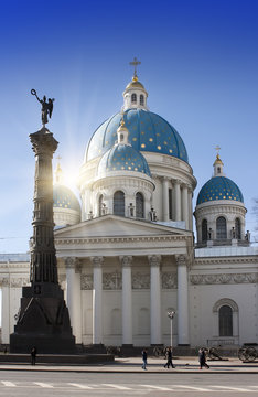 Troitsky (Izmaylovsky) cathedral, 18th century, and a monument "A column of Military glory", 19th century, in memory of the Russian-Turkish war, in St. Petersburg, Russia..