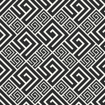 Seamless pattern in greek style. Black and white tilework. Geometric tiles with meander ornament. Monochrome Greece background.