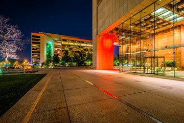 Modern buildings at night in downtown Baltimore, Maryland.