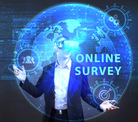 The concept of business, technology, the Internet and the network. A young entrepreneur working on a virtual screen of the future and sees the inscription: Online survey