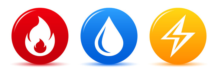 Icons fire, water, electricity