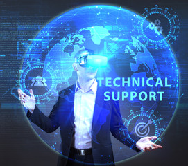 The concept of business, technology, the Internet and the network. A young entrepreneur working on a virtual screen of the future and sees the inscription: Technical support