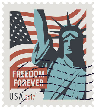 Postage stamp with New York Statue of Liberty, the flag of United States of America and the word freedom forever. Vector illustration of USA stamp with a rubber stamp.