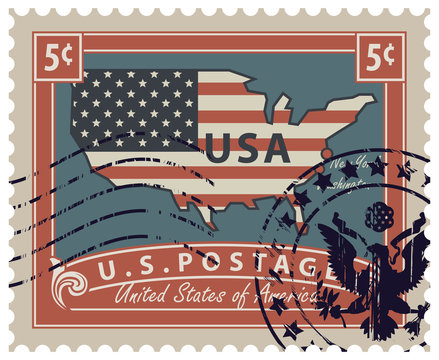 Map of America in colors of the national flag with inscription. Vector illustration of a 5-cent USA postage stamp with a rubber stamp in retro style.