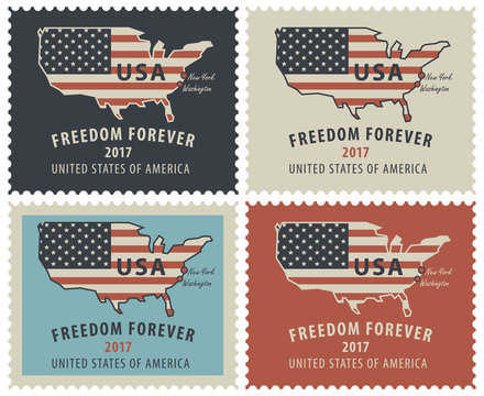 Vector set of four postage stamps USA. Map of America in colors of the national flag with inscription freedom forever.