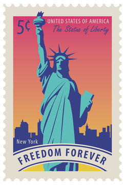 Postage stamp with statue of Liberty in background of New York skyscrapers and the word freedom forever. Vector illustration of a 5-cent USA stamp.