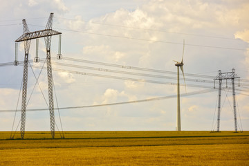 Landscape with an agricultural and wind farm in Romania