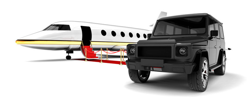 Luxury Life style  / 3D render image representing an luxury SUV with an private jet plane in the background 