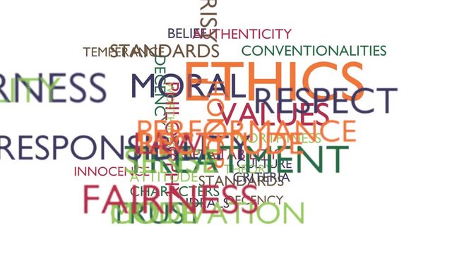 Ethics, moral, values word tag cloud. 3D rendering, loop able, white variant. UHD.