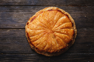 pie cake. Traditional baked pastry food on rustic wooden table background