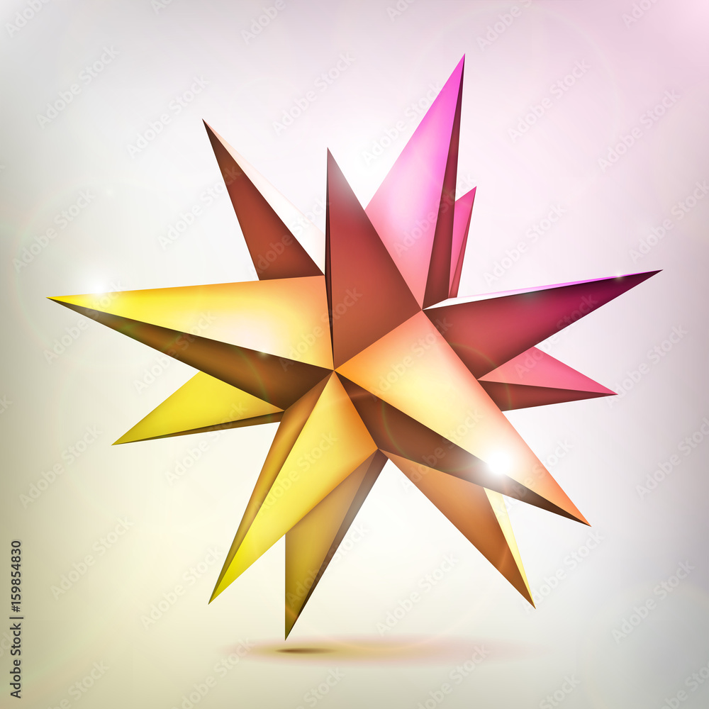 Poster multicolored sparkling star. volume polyhedron. 3d object, geometry shape, mesh version, abstract ve