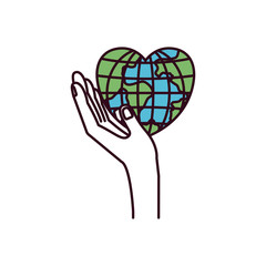 silhouette color sections side view hand holding in palm a earth globe world in heart shape vector illustration