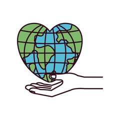 silhouette color sections hand palm giving a earth globe world in heart shape vector illustration