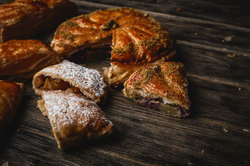 pie cake. Traditional baked pastry food on rustic wooden table background