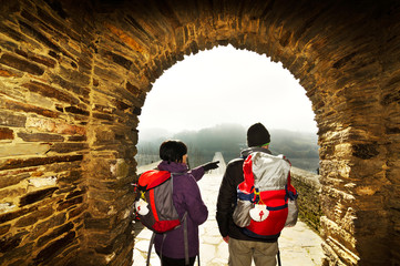pilgrims in Portomarin village , Way of St James,  Camino de  Santiago, to Compostela, Galicia