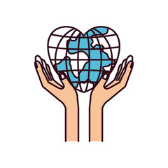 silhouette color sections hands with floating earth globe world in heart shape vector illustration