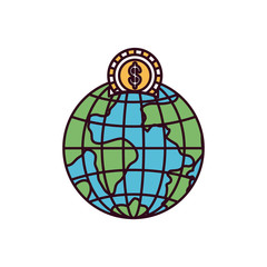 silhouette color sections money box in globe earth world with coin dollar symbol vector illustration