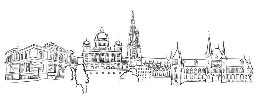 black and white city skyline sketch clip art preview