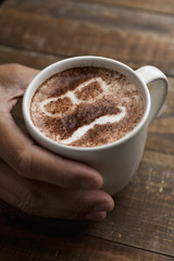 man face in a cup of cappuccino
