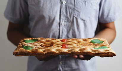 coca de Sant Joan, sweet flat cake from Catalonia, Spain