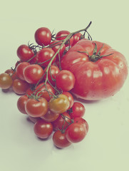tomato large and a branch of tomatoes small in water drops, toning