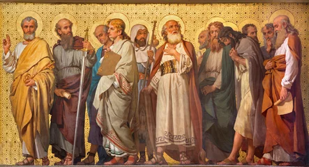 Acrylic prints Historic building TURIN, ITALY - MARCH 15, 2017: The symbolic fresco of Twelve apostles  in church Chiesa di San Dalmazzo by Enrico Reffo (1914).