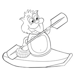 Coloring book  cartoon beaver with canoe.  Vector clip art for children.