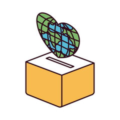 silhouette color sections side view a globe earth world in heart shape to deposit in cardboard box. vector illustration