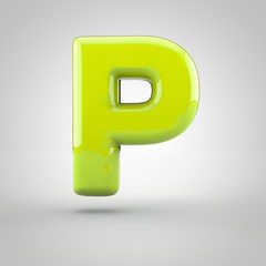 Glossy lime paint letter P uppercase isolated on white background