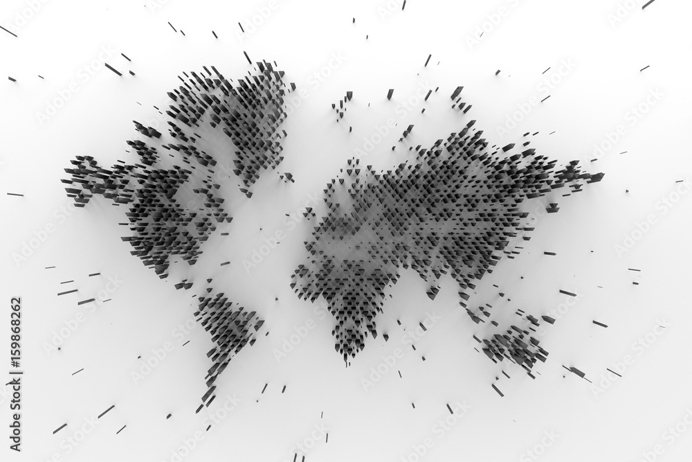 Poster 3d abstract background with world map. countries are made of cloned primitive shapes with random ver