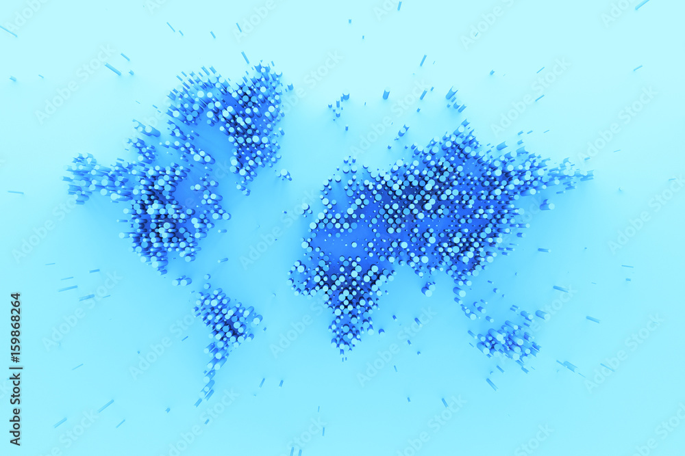Poster 3d abstract background with world map. countries are made of cloned primitive shapes with random ver