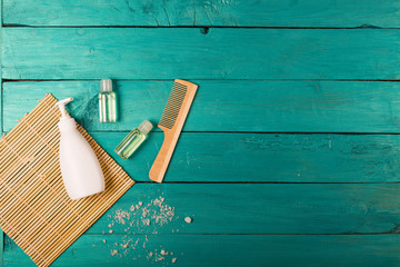 Obraz na płótnie Canvas Skincare essentials on a wooden background