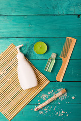 Skincare essentials on a wooden background